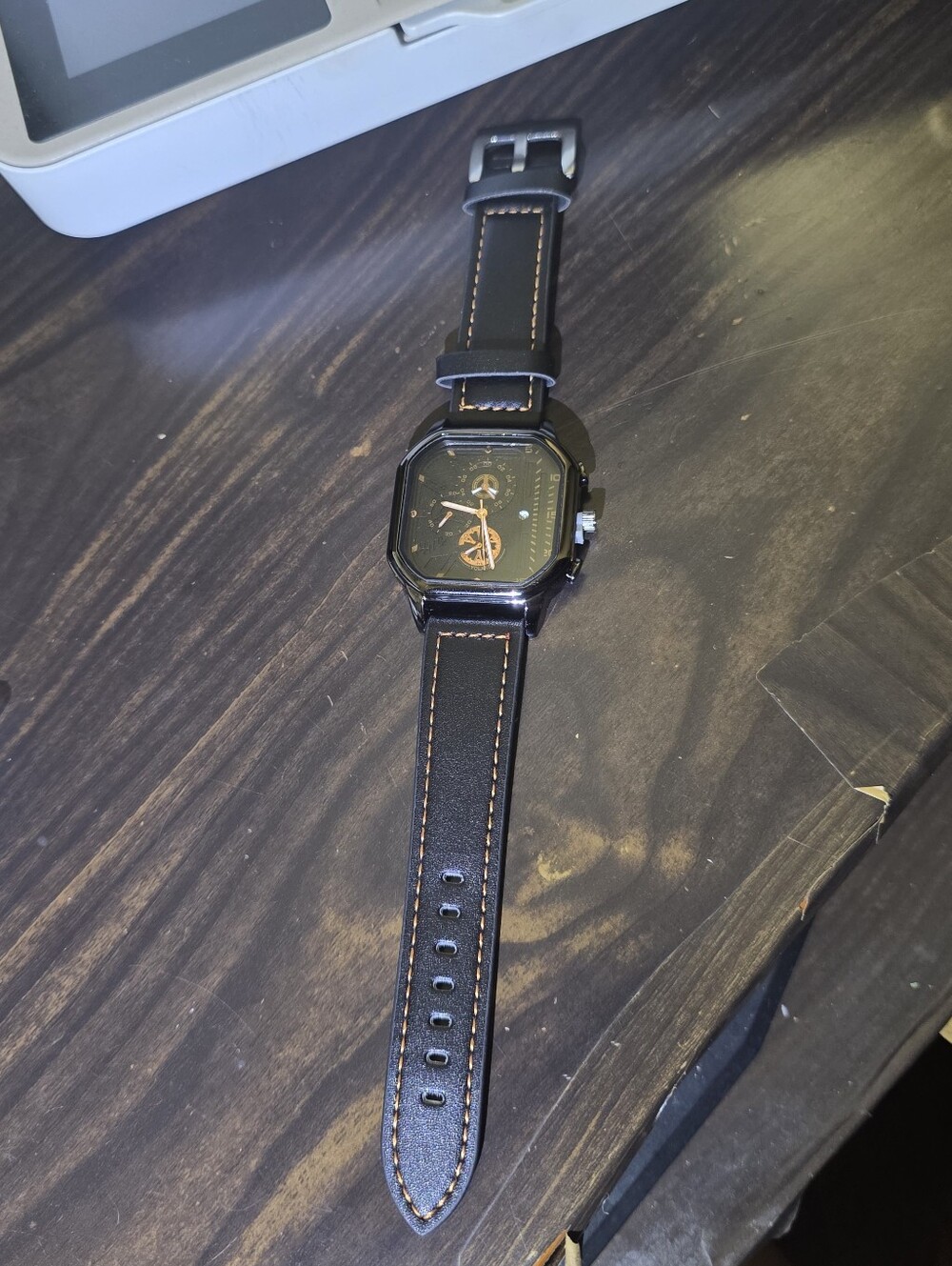 Men's Black Leather Strap Watch with Orange Accents